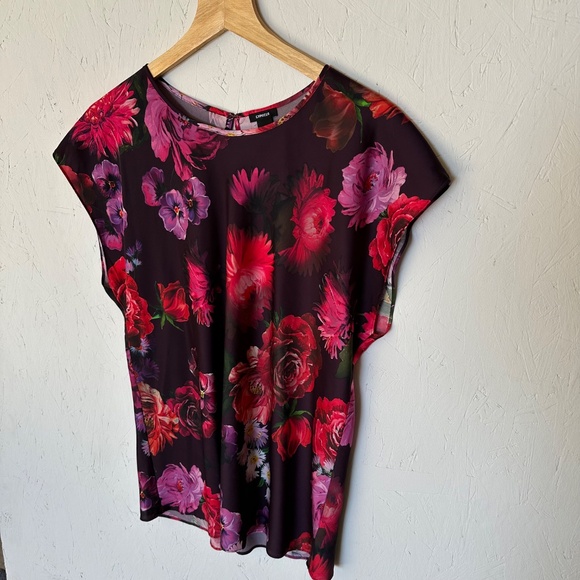 Express Black Floral Print Polyester Blouse Large - Picture 2 of 10